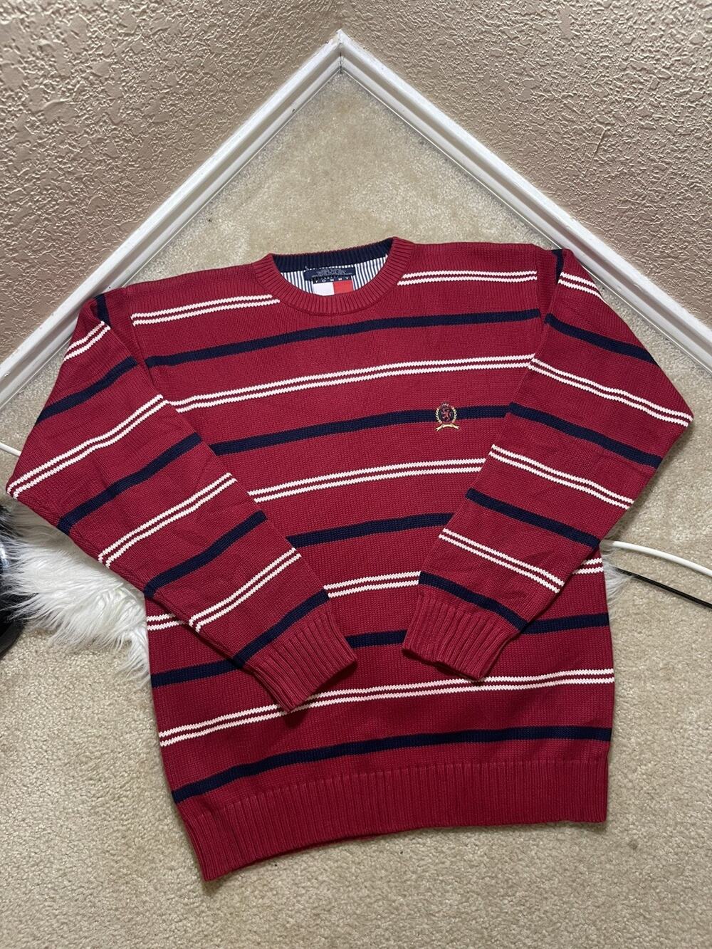 Vintage Tommy Hilfiger Striped Sweater Crewneck Cotton Knit Y2K 90s L Logo
